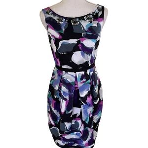 Eliza J. Blue/Purple Grey Abstract Print Rhinestone Embellished Aline Dress